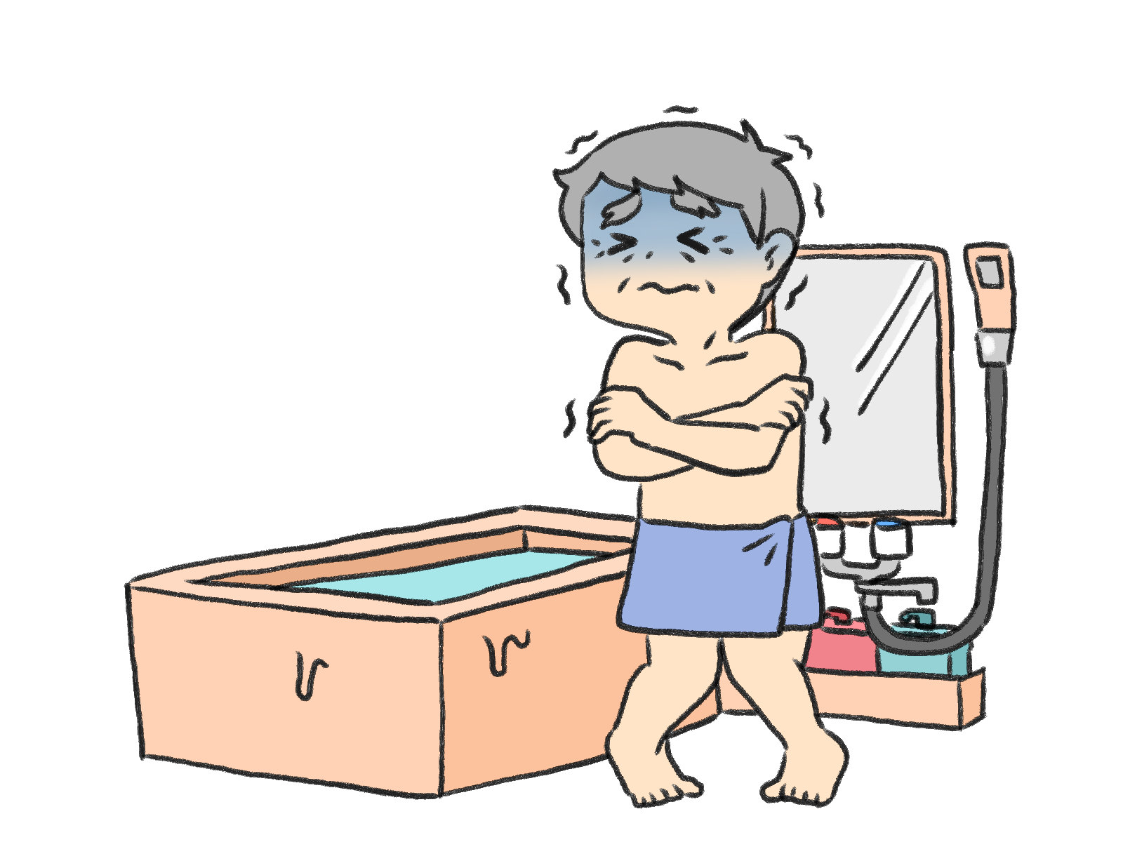 浴室で震える男性